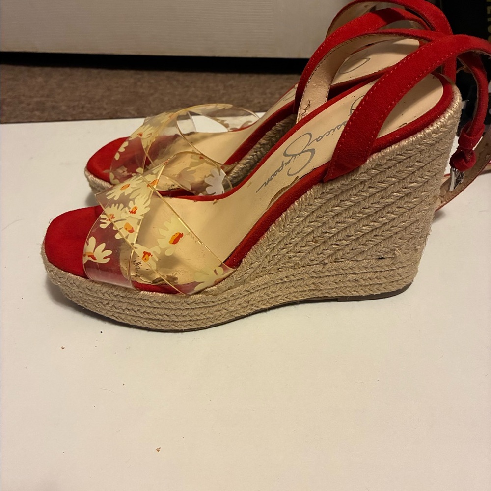 Red and Beige Wedge Sandals